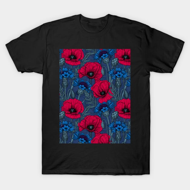 Red poppies and blue cornflowers on blue T-Shirt by katerinamk